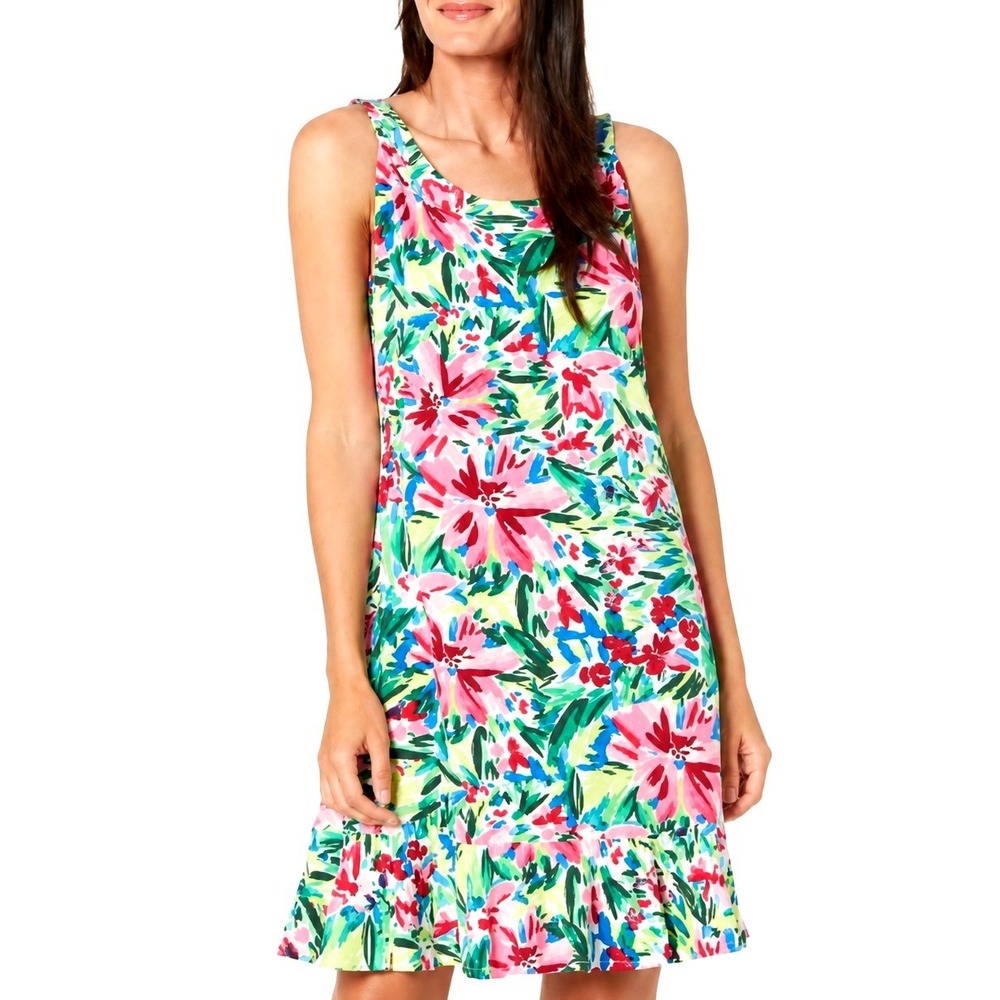 Tommy Bahama Tropical Floral Ruffle Hem Shift Mini Dress Pink Green Size XS